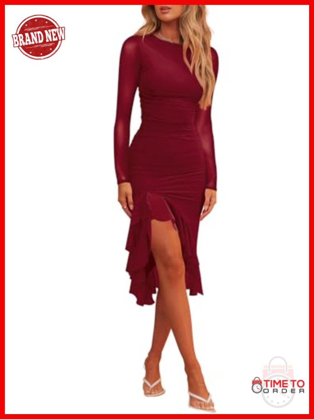 Women's Long Sleeve Mesh Ruched Bodycon Midi Formal Dress
